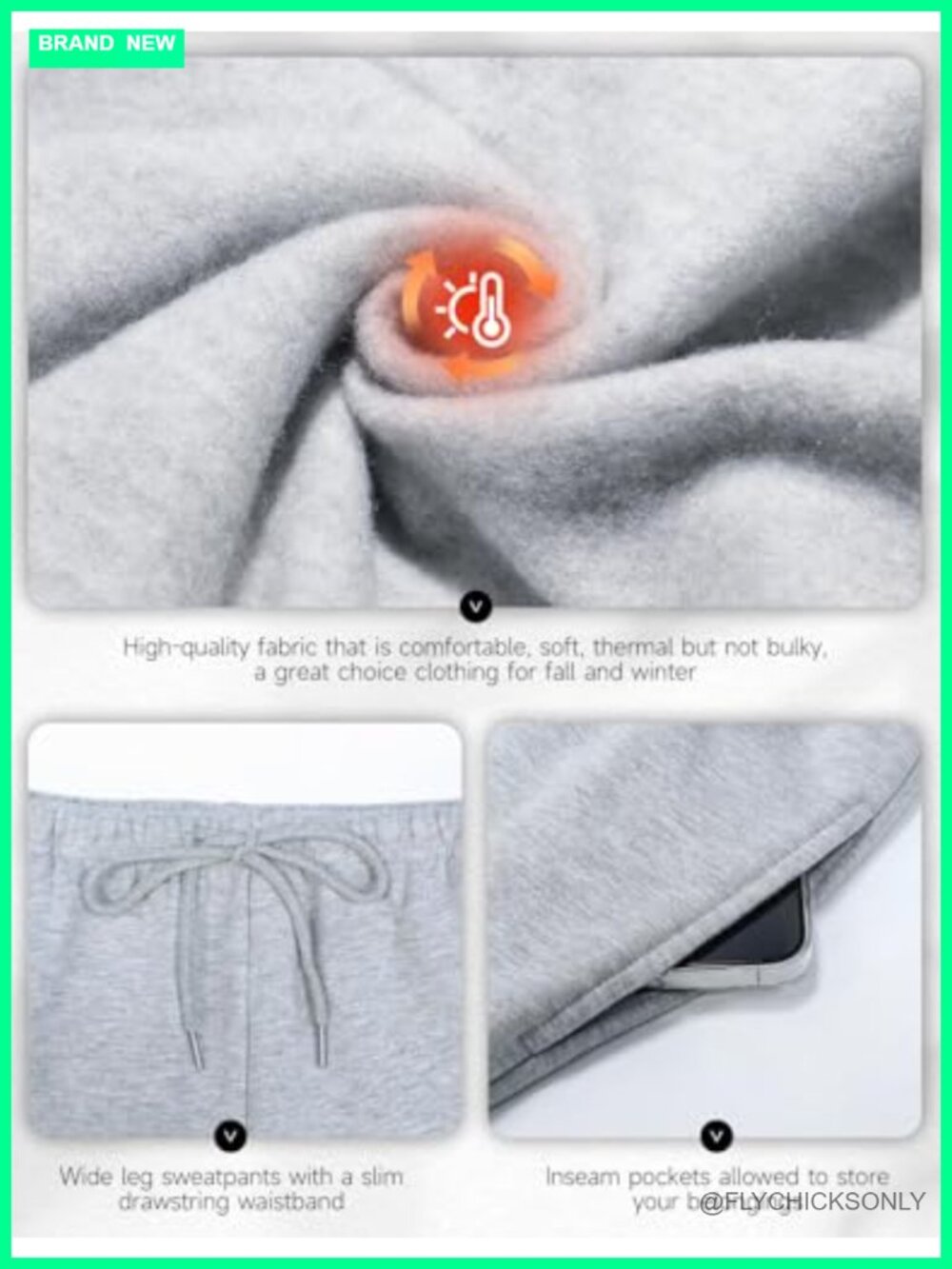 Fleece Lined Wide Leg Sweatpants with Pockets High Rise Baggy - Picture 6 of 7